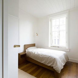 A small, aesthetically pleasing white bedroom with the bed positioned in front of a large window, emitting warmth and a feeling of serenity