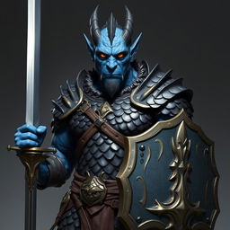 A full-body portrait of a male chromatic dragonborn paladin with blue skin, embodying the seasoned and experienced air of a grizzled war veteran