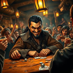 An evil male pirate with short black hair and a short pointy beard sits confidently at a rustic wooden table in a bustling tavern, deeply involved in a high-stakes game of chance