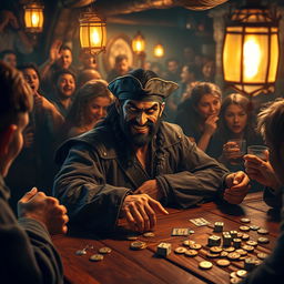 An evil male pirate with short black hair and a short pointy beard sits confidently at a rustic wooden table in a bustling tavern, deeply involved in a high-stakes game of chance