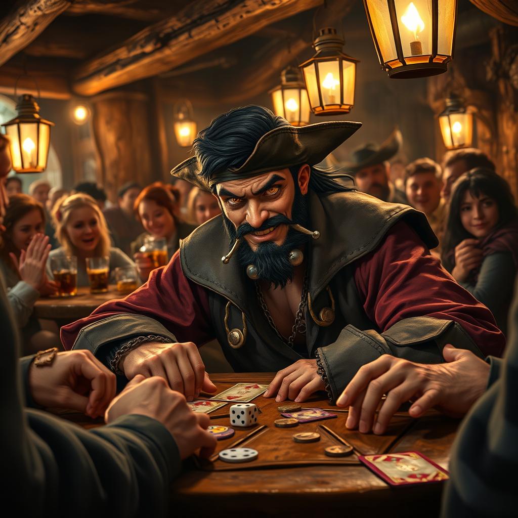 An evil male pirate with short black hair and a short pointy beard sits confidently at a rustic wooden table in a bustling tavern, deeply involved in a high-stakes game of chance