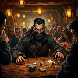 An evil male pirate with short black hair and a short pointy beard sits confidently at a rustic wooden table in a bustling tavern, deeply involved in a high-stakes game of chance