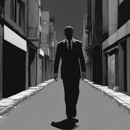 A character in a sharp suit walking down a dark, atmospheric street in Iran, rendered in a monochromatic comic book style.