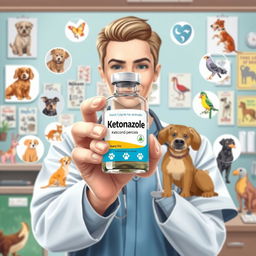 ketoconazole medication for animals, detailed illustration of a veterinarian holding a bottle of ketoconazole with animal icons around, showcasing different animals such as dogs, cats, horses, and birds