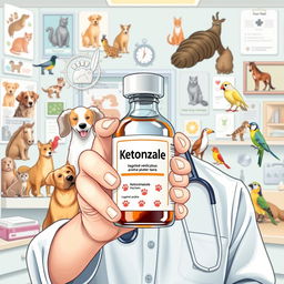 ketoconazole medication for animals, detailed illustration of a veterinarian holding a bottle of ketoconazole with animal icons around, showcasing different animals such as dogs, cats, horses, and birds