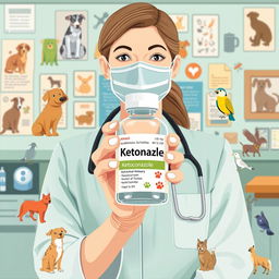 ketoconazole medication for animals, detailed illustration of a veterinarian holding a bottle of ketoconazole with animal icons around, showcasing different animals such as dogs, cats, horses, and birds