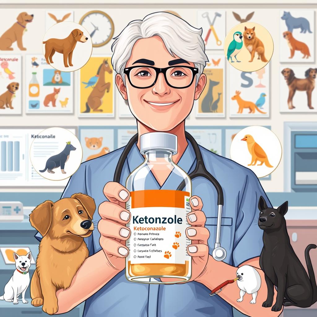 ketoconazole medication for animals, detailed illustration of a veterinarian holding a bottle of ketoconazole with animal icons around, showcasing different animals such as dogs, cats, horses, and birds