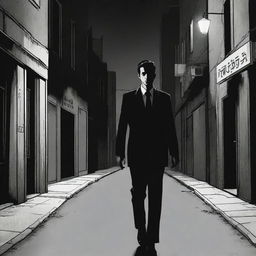 A character in a sharp suit walking down a dark, atmospheric street in Iran, rendered in a monochromatic comic book style.