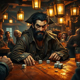 An evil male pirate with short black hair and a short pointy beard sits confidently at a worn-out wooden table in a dimly lit tavern, engrossed in a game of dice