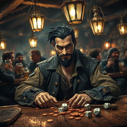 An evil male pirate with short black hair and a short pointy beard sits confidently at a worn-out wooden table in a dimly lit tavern, engrossed in a game of dice