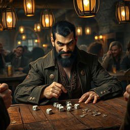 An evil male pirate with short black hair and a short pointy beard sits confidently at a worn-out wooden table in a dimly lit tavern, engrossed in a game of dice