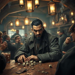 An evil male pirate with short black hair and a short pointy beard sits confidently at a worn-out wooden table in a dimly lit tavern, engrossed in a game of dice