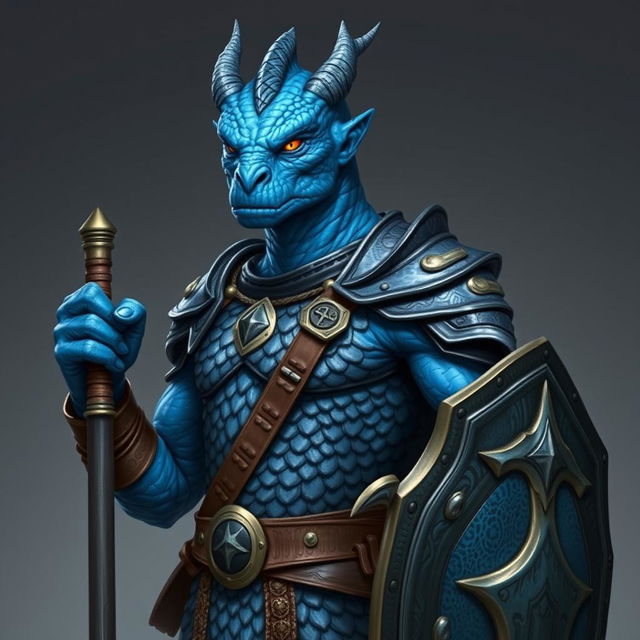 A full-body portrait of a male blue chromatic dragonborn paladin, showcasing his chaotic good nature and veteran status