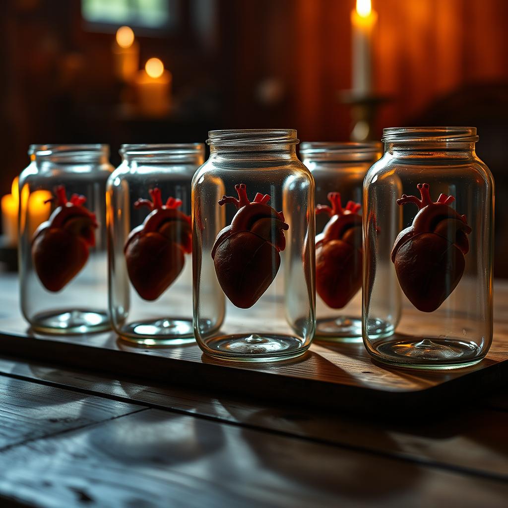 Five glass jars with a realistic human heart inside each, placed on an old wooden table, illuminated by warm candlelight