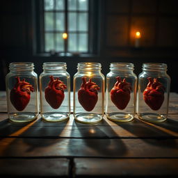 Five glass jars with a realistic human heart inside each, placed on an old wooden table, illuminated by warm candlelight