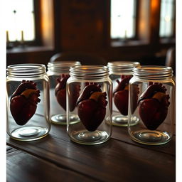 Five glass jars with a realistic human heart inside each, placed on an old wooden table, illuminated by warm candlelight