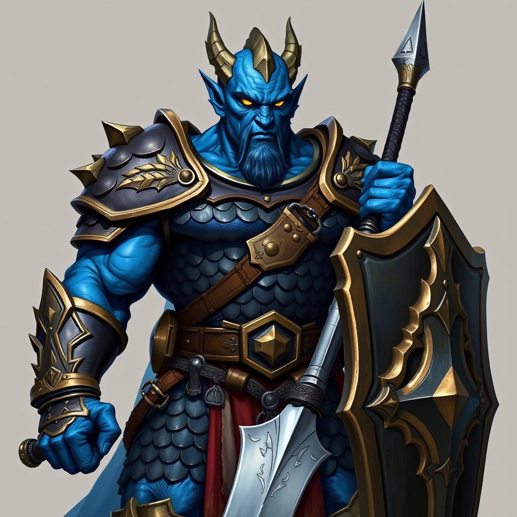 A commanding full-body illustration of a male blue chromatic dragonborn paladin, capturing the essence of his chaotic good alignment and grizzled war veteran experience