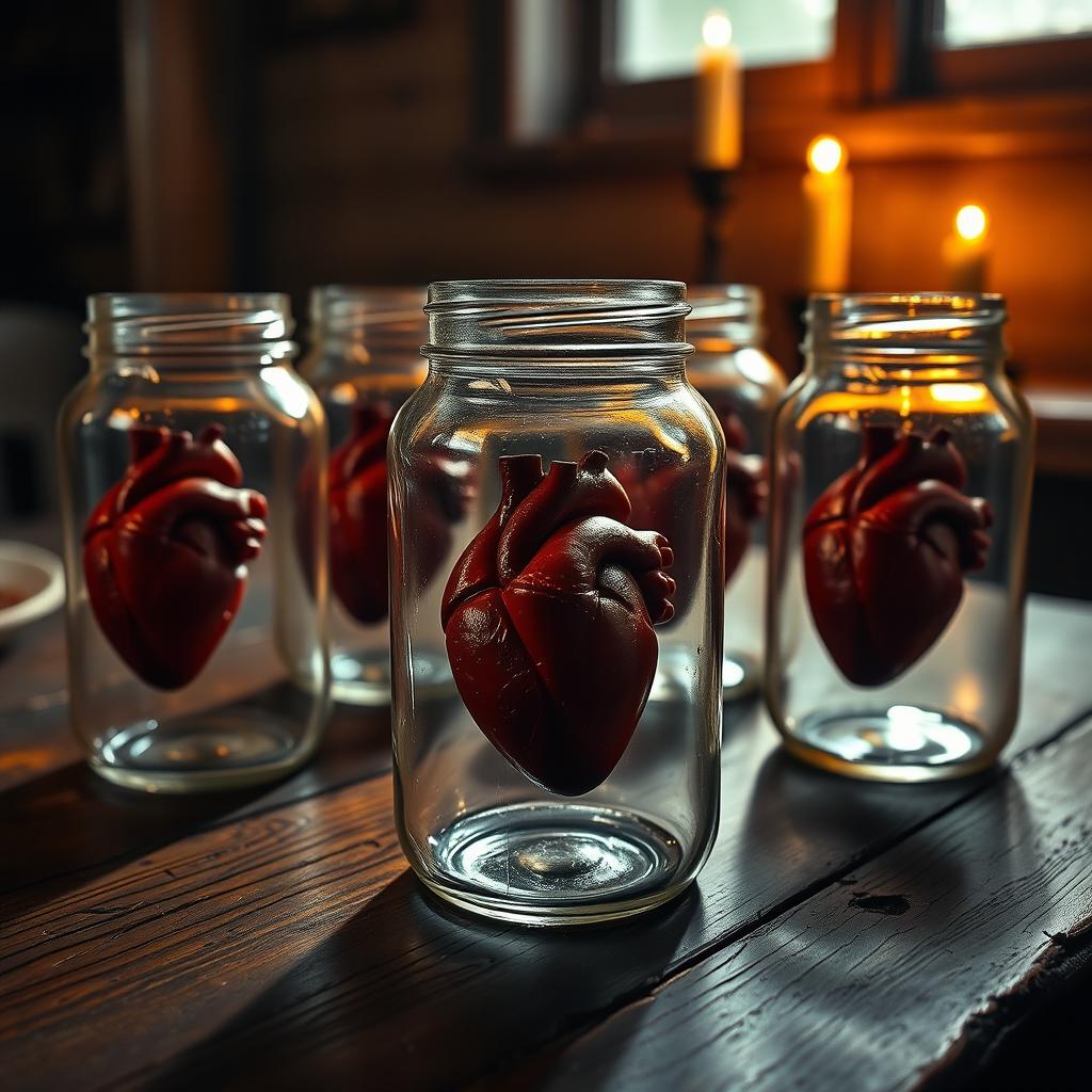 Five glass jars with a realistic human heart inside each, placed on an old wooden table, illuminated by warm candlelight