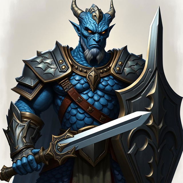 A commanding full-body illustration of a male blue chromatic dragonborn paladin, capturing the essence of his chaotic good alignment and grizzled war veteran experience