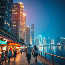 A vibrant cityscape at night with skyscrapers lit up, reflecting off a calm river