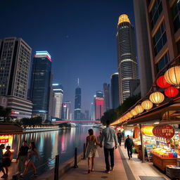 A vibrant cityscape at night with skyscrapers lit up, reflecting off a calm river