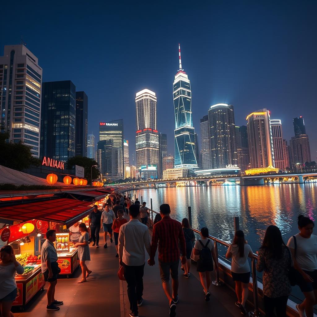 A vibrant cityscape at night with skyscrapers lit up, reflecting off a calm river