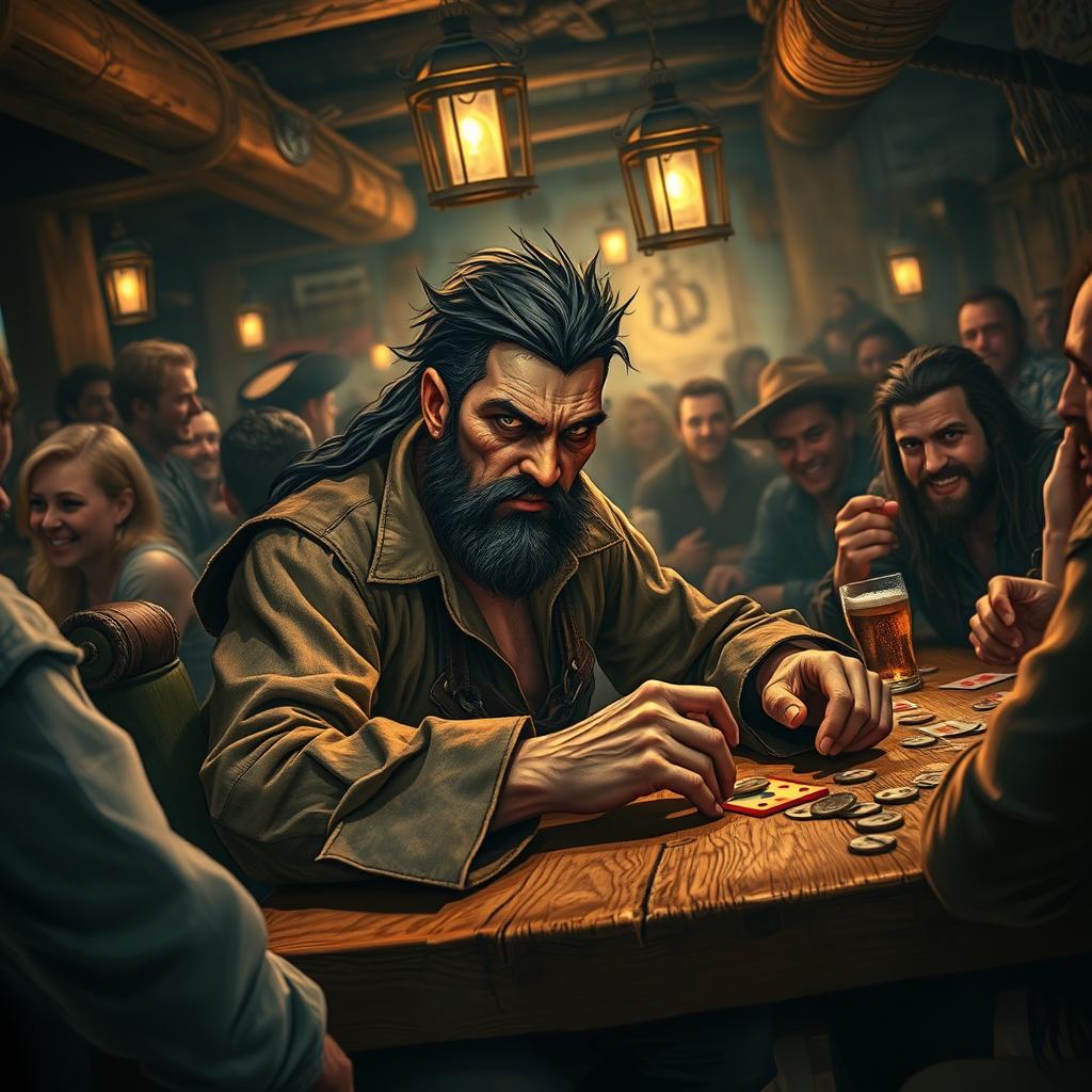 An evil male pirate with short black hair and a short pointy beard, his eyes gleaming with cunning, sits at a weathered wooden table in a rowdy tavern