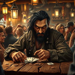 An evil male pirate with short black hair and a short pointy beard, his eyes gleaming with cunning, sits at a weathered wooden table in a rowdy tavern