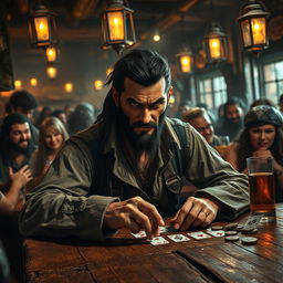 An evil male pirate with short black hair and a short pointy beard, his eyes gleaming with cunning, sits at a weathered wooden table in a rowdy tavern