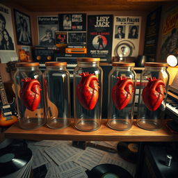 Five glass jars with a realistic human heart inside each, placed in a musician's room