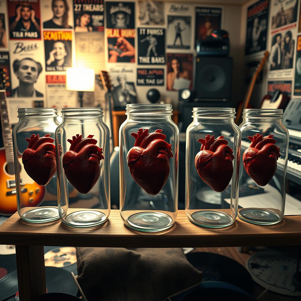 Five glass jars with a realistic human heart inside each, placed in a musician's room