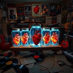 Five glass jars with a realistic human heart inside each, placed in a musician's room