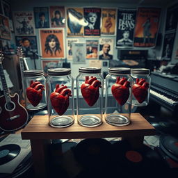 Five glass jars with a realistic human heart inside each, placed in a musician's room