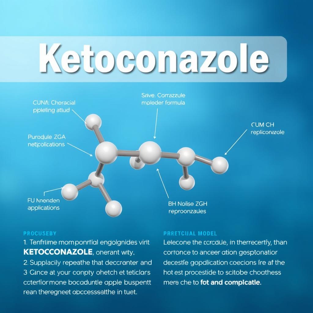 A detailed and informative illustration of ketoconazole, showcasing its chemical structure, molecular formula, and common applications