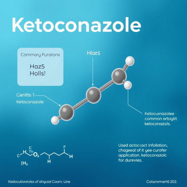 A detailed and informative illustration of ketoconazole, showcasing its chemical structure, molecular formula, and common applications