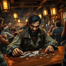 An evil male pirate with short black hair and a short pointy beard sits at an antique wooden table in a lively tavern, engaged in a gripping game of cards