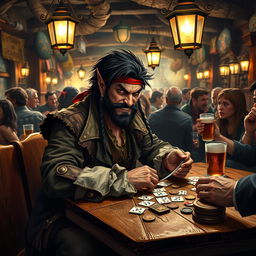 An evil male pirate with short black hair and a short pointy beard sits at an antique wooden table in a lively tavern, engaged in a gripping game of cards