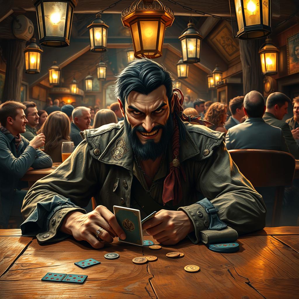 An evil male pirate with short black hair and a short pointy beard sits at an antique wooden table in a lively tavern, engaged in a gripping game of cards