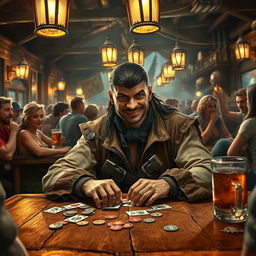 An evil male pirate with short black hair and a short pointy beard sits at an antique wooden table in a lively tavern, engaged in a gripping game of cards