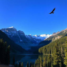 A majestic mountain landscape, with towering snow-capped peaks under a clear blue sky