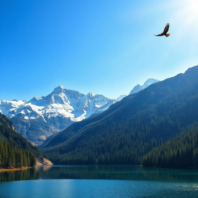 A majestic mountain landscape, with towering snow-capped peaks under a clear blue sky