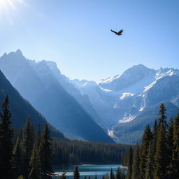 A majestic mountain landscape, with towering snow-capped peaks under a clear blue sky