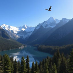 A majestic mountain landscape, with towering snow-capped peaks under a clear blue sky