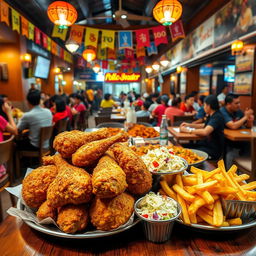 A bustling Pollo Broaster restaurant scene featuring a thematic display of freshly fried, crispy broasted chicken