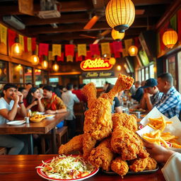 A bustling Pollo Broaster restaurant scene featuring a thematic display of freshly fried, crispy broasted chicken