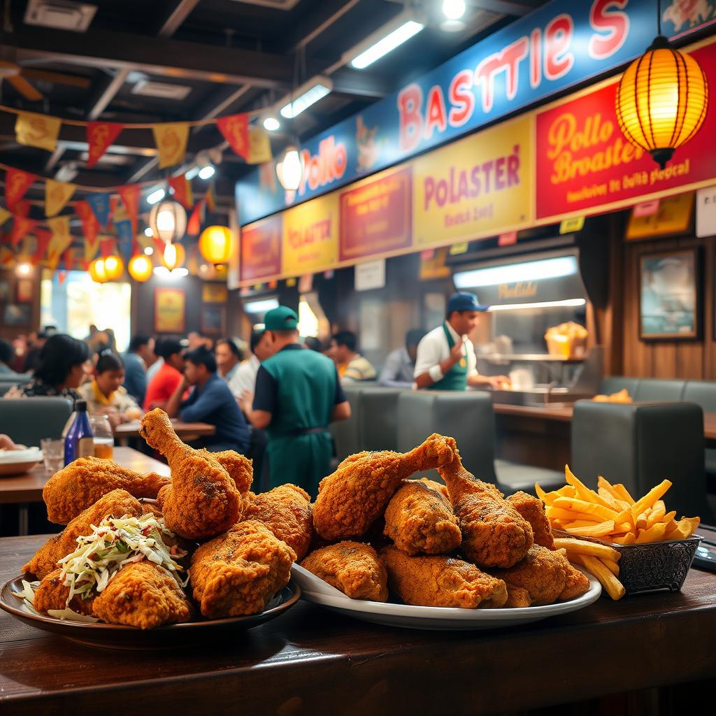 A bustling Pollo Broaster restaurant scene featuring a thematic display of freshly fried, crispy broasted chicken