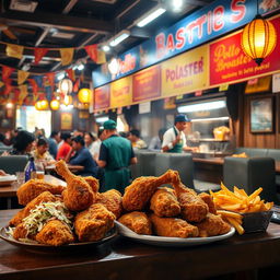 A bustling Pollo Broaster restaurant scene featuring a thematic display of freshly fried, crispy broasted chicken