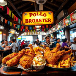 A bustling Pollo Broaster restaurant scene featuring a thematic display of freshly fried, crispy broasted chicken