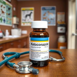 A veterinary medicine bottle labeled "Ketoconazole" designed for animal use