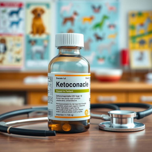 A veterinary medicine bottle labeled "Ketoconazole" designed for animal use